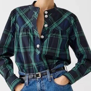 J Crew Women's Blackwatch Tartan Festive Top with fun sparkly buttons, Size XL